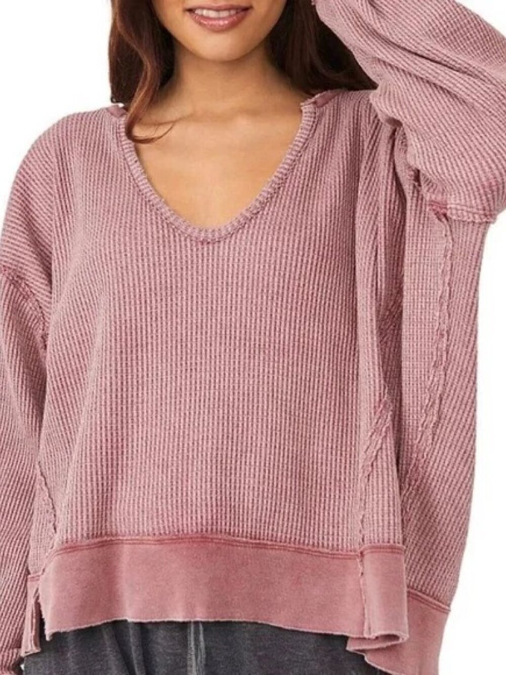 Free People Buttercup Thermal Top Distressed Slouchy in Pink/Purple/Mauve L